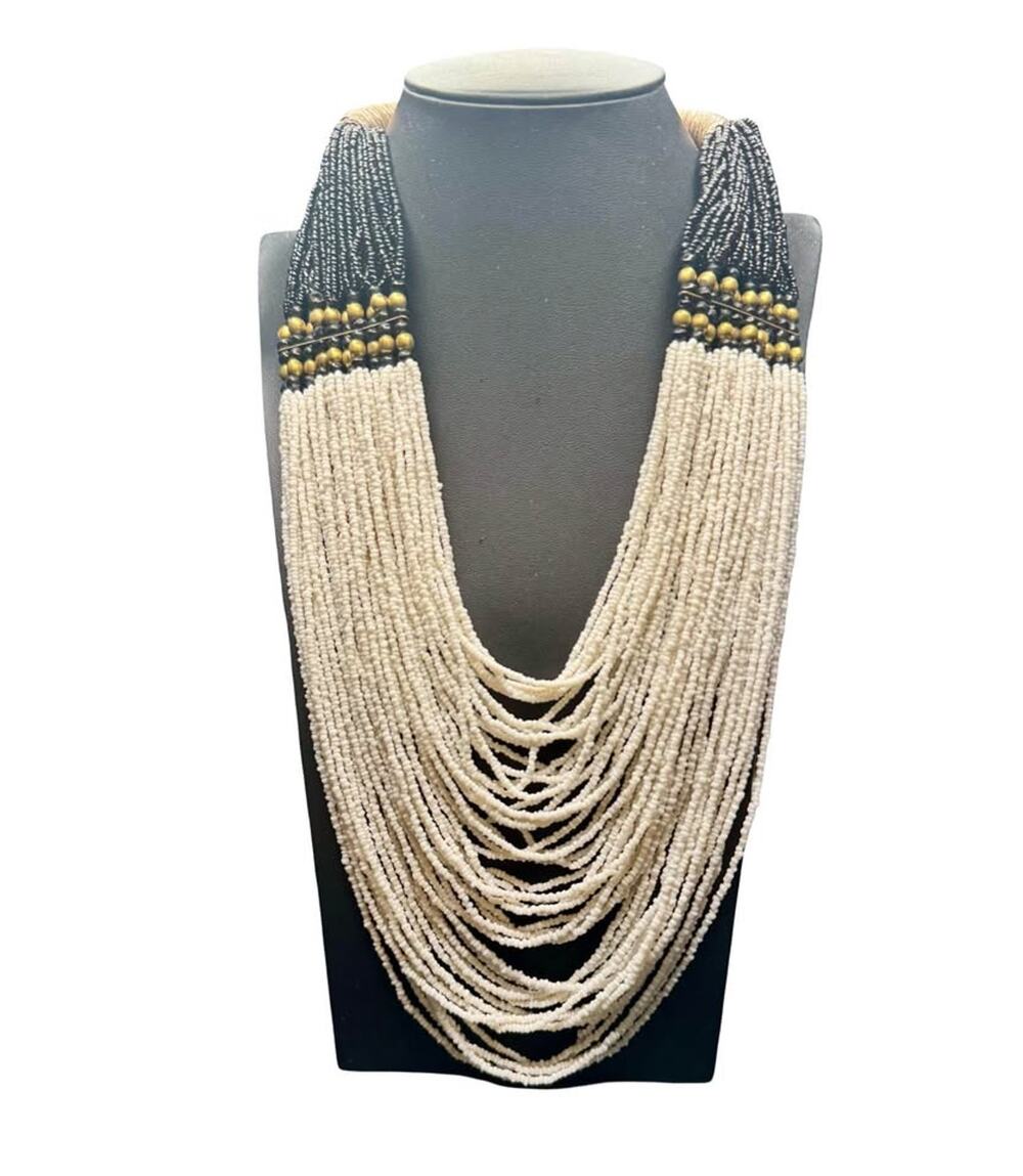 Vintage Handmade Multistring White and black Beaded Statement Necklace